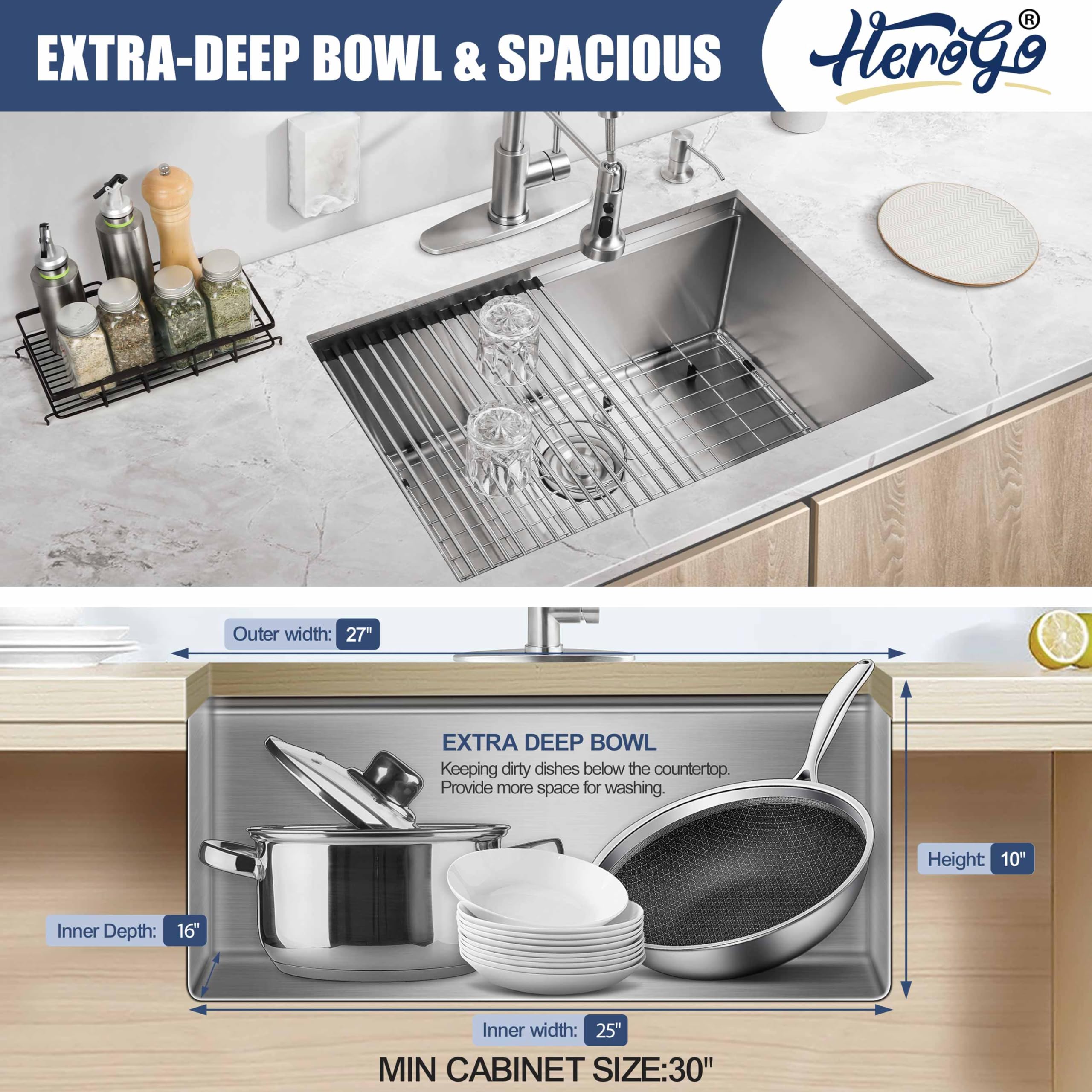 27X18Inch Undermount Kitchen Sink, Herogo Stainless Steel Single Bowl Kitchen Workstaion Sink Basin, Handmade 16 Gauge 10'' Deep